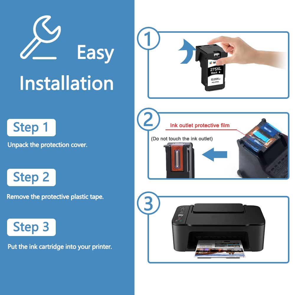 MxVol 275XL 276XL Remanufactured Ink Cartridge Replacement for Canon 275 and 276 XL PG-275XL CL-276XL Ink for Canon PIXMA TS3520 TS3522 TS3500 TR4720 TR4722 TR4700 Printers (1 Black, 1 Color Combo) MxVol