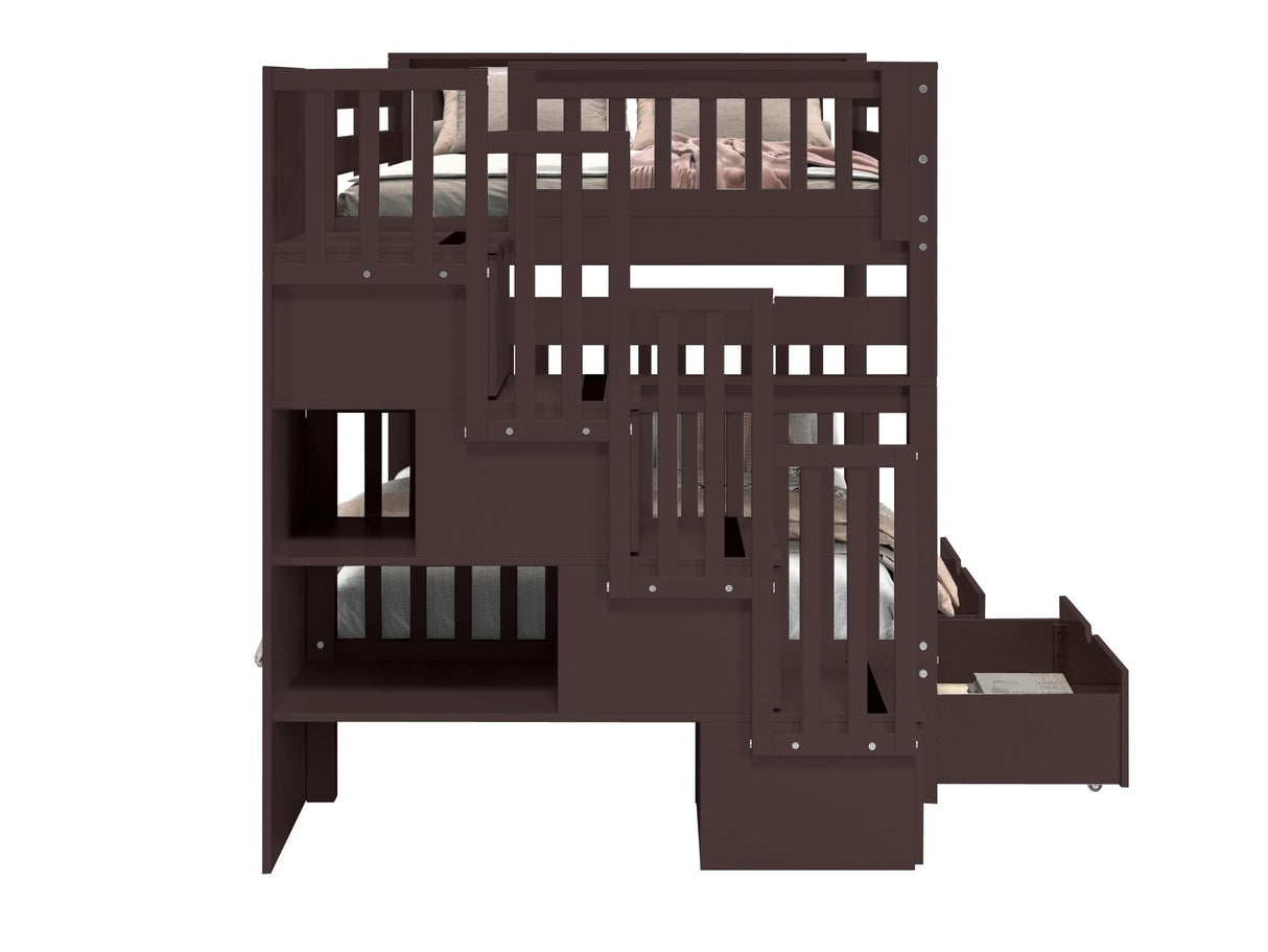 Bedz King Stairway Bunk Beds Full Over Full with 4 Drawers in The Steps and 2 Under Bed Drawers, Dark Cherry Bedz King