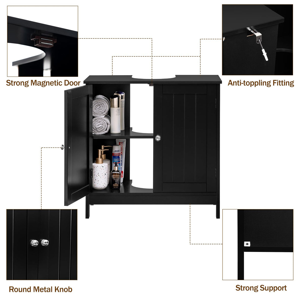 Iwell Pedestal Sink Storage Cabinet with 2 Doors and Shelf, Under Sink Cabinet, Bathroom Sink Cabinet with U-Shape, Black YSG020H Iwell
