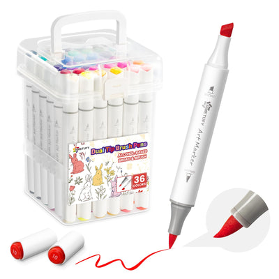 Simetufy 36 Colors Alcohol Markers Brush Tip, Coloring Markers for Adult Coloring Books, Dual Tip Alcohol Markers Brush Tip and Chisel Tip for Coloring, Drawing