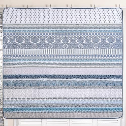 WONGS BEDDING Boho Quilt Set King Size, Blue Bohemian 3 Pieces Quilt Sets, Lightweight Bedspread Coverlet Bedding Set for All Season (104"x90") WONGS BEDDING