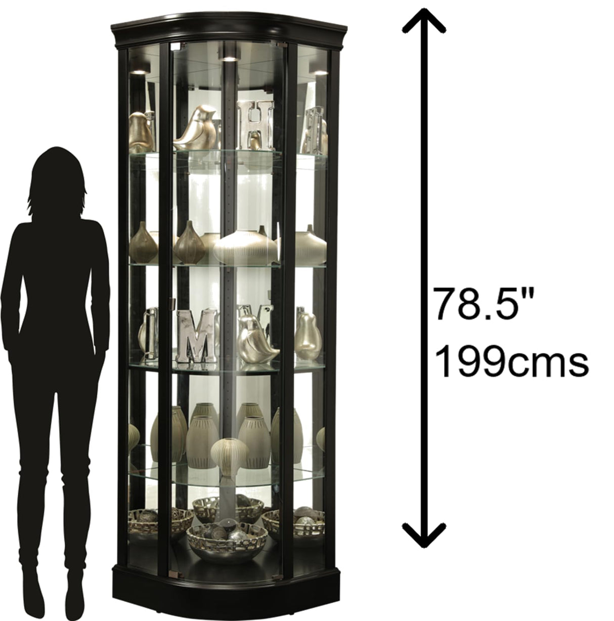 Howard Miller Marlowe II Corner Curio Cabinet, Long Heighted Showcase Black Finish Adjustable Shelves & Levelers, Illuminated Interior Lightning Perfect for Living Room Office and Room Decor Howard Miller