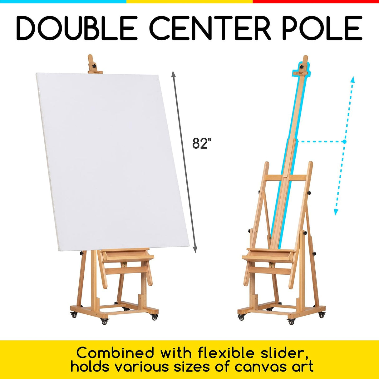 MEEDEN Extra Large Heavy-Duty H-Frame Studio Easel - Solid Beech Wooden Artist Professional Easel, Painting Art Easel Stand with 4 Premium Locking Silent Caster Wheels, Hold Max 82" MEEDEN