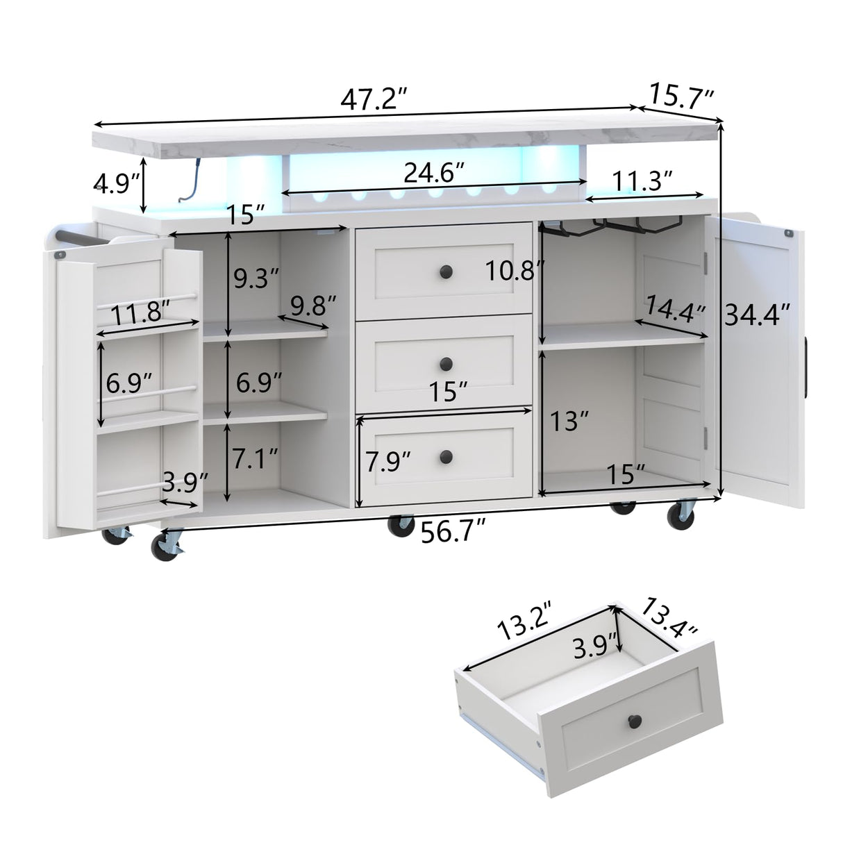 Rolling Kitchen Island Cart with Storage, Kitchen Island on Wheels with LED Lights & 3 Drawers, Side Table with Spice Rack & Towel Rack, Large Mobile Islands Table for Dining Room, White Gyfimoie