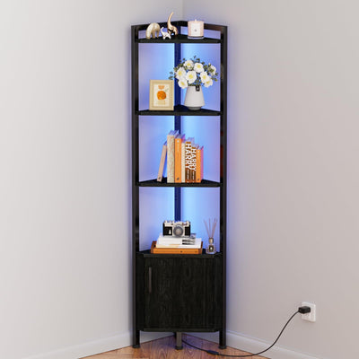Furnulem Corner Shelf,5-Tier Corner Cabinet with Storage and LED Light, 62.8” Standing Display Bookshelf for Bedroom, Living Room, Kitchen, Wood Display Shelf (Black Oak)