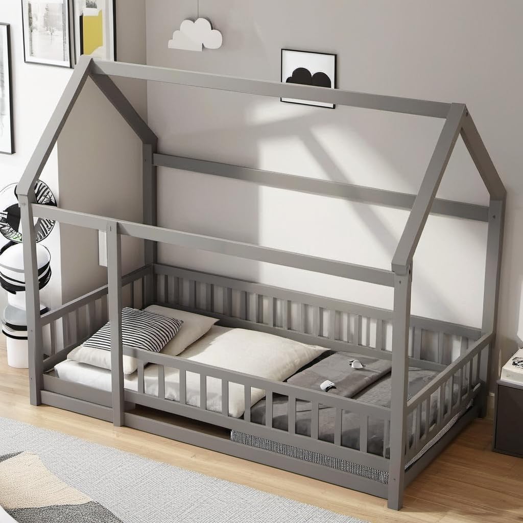PVWIIK Twin Size Montessori Floor Bed with Roof & Fence Guardrails for Boys Girls Bedroom,Twin Size Floor Wooden Bed Frame,Easy Assemble,No Box Spring Needed, Gray PVWIIK