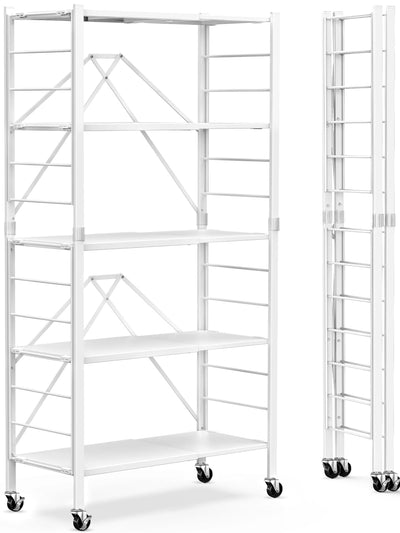 Himix 5 Tier Foldable Storage Shelves, Expandable Folding Pantry Shelf with Wheels, Changeable into 2 Shelf Units, Collapsible Storage Rack Metal Shelves for Kitchen, Room, Garage, White