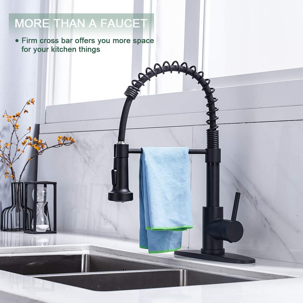 WEWE Kitchen Faucets with Pull Down Sprayer Commercial Industrial Stainless Steel Single Handle Single Hole Spring Farmhouse RV Sink Faucet, Matte Black Kitchen Faucet for Laundry Utility Room Sink WEWE