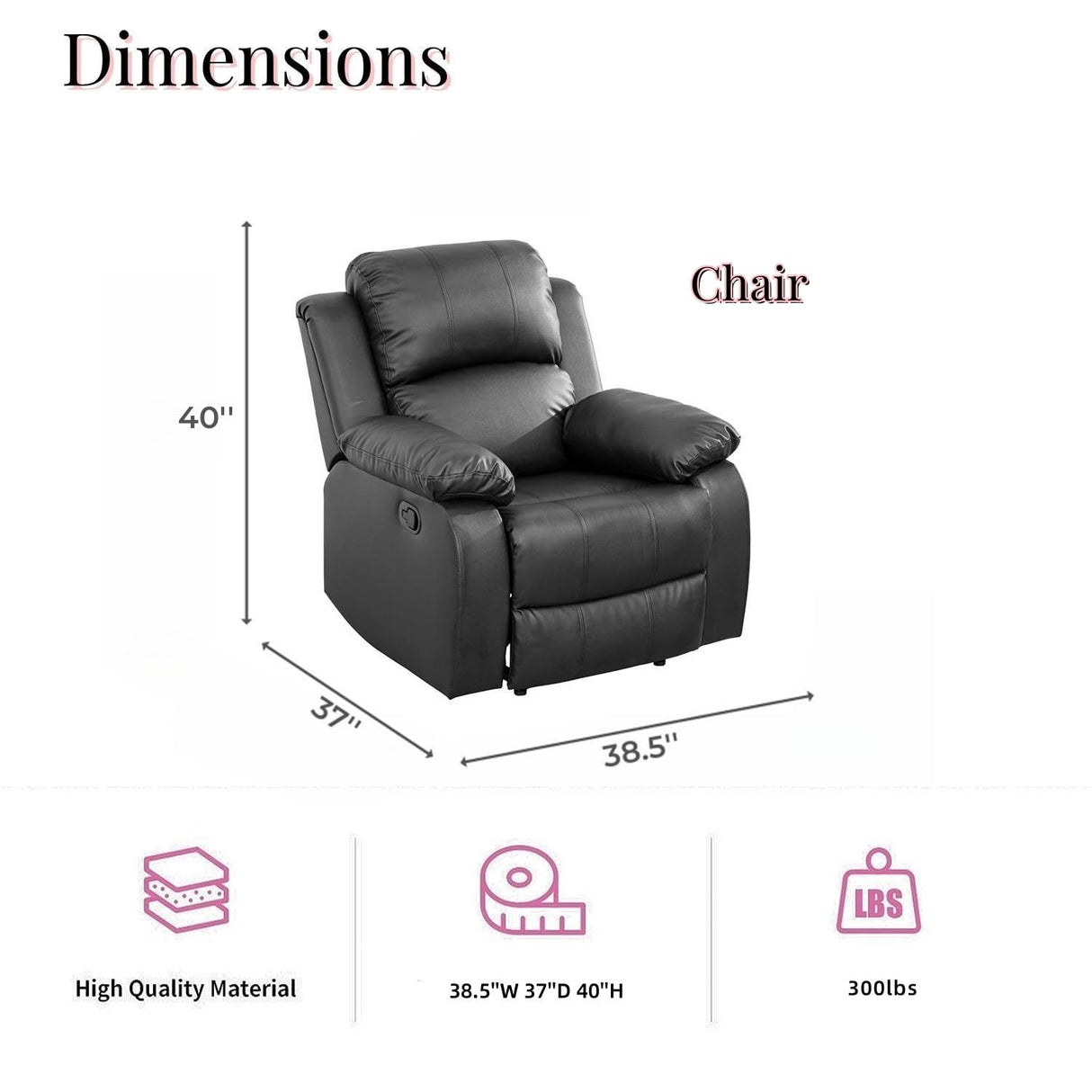 Caberryne Leather Recliner Chair for Living Room Furniture Set, Black Leather Reclining Chair for Small Space/RV, Wall Hugger Recliner/Home Theater Chairs for House/Office Caberryne