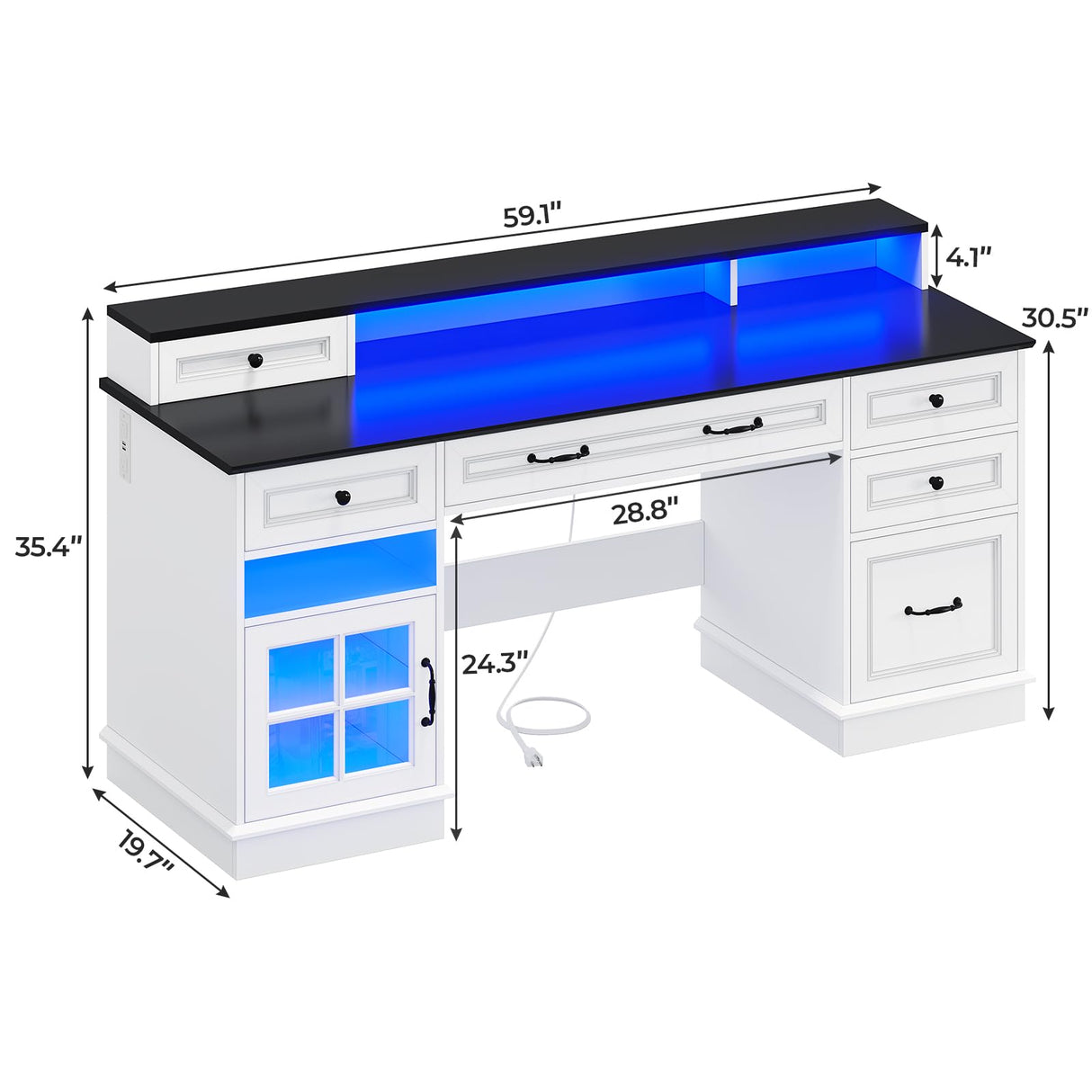 BTHFST Executive Desk with File Drawer, Computer Desk with Monitor Stand, Home Office Desk with Drawers & Storage Cabinet, Writing Desk with Charging Station & LED Lights, White BTHFST