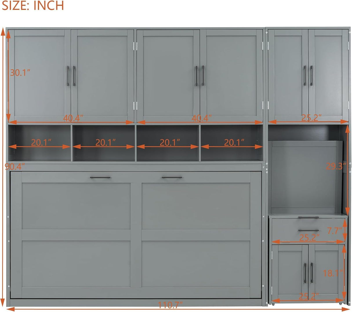 Virubi Twin Horizontal Murphy Bed with Desk and Wardrobe Closet,Wood Twin Folding Murphy Wall Bed with Storage Shelves Cabinets and Drawers for Adult (Grey) Virubi