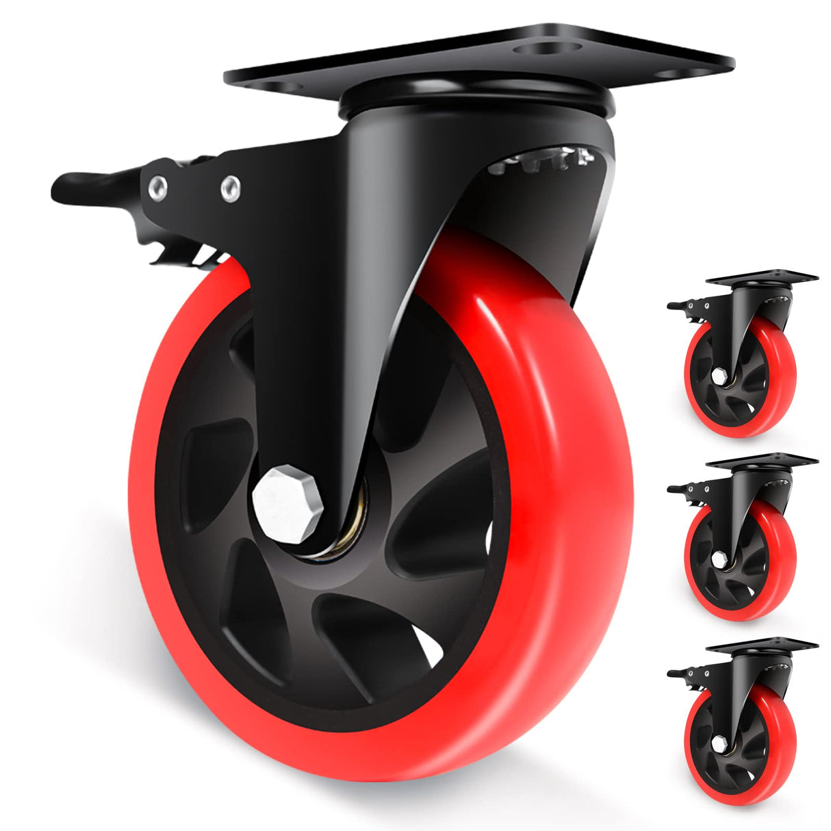 Nefish Swivel Caster Wheel for Cart, 5 Inch Industrial Casters Set of 4 - Heavy Duty Top Plate Casters with Brake 2200 Lbs, 360 Degree Polyurethane Wheels for Cart, Trolleys, Furniture, Equipment Nefish