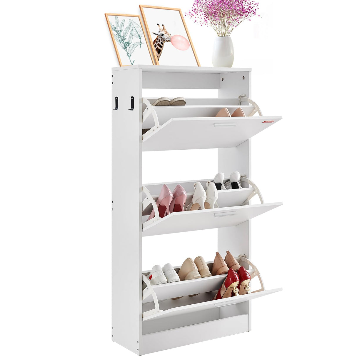 VEVOR Shoe Cabinet with 3 Flip Drawers, Shoe Storage Cabinet for Entryway, Free Standing Shoe Storage Organizer with Side Hooks for Heels, Boots, Slippers in Hallway, Living Room VEVOR