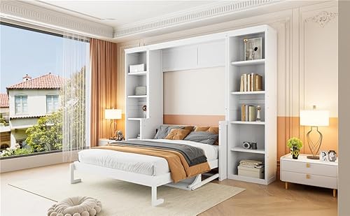 Ball & Cast Full Size Murphy Bed Wood Hideaway Cabinet Platform Bedframe with Desk and Bookshelf,Wall Chest w/Slat Support & Storage Racks,can be Folded,Space-Saving,for Small Room,Dorms,White Ball & Cast