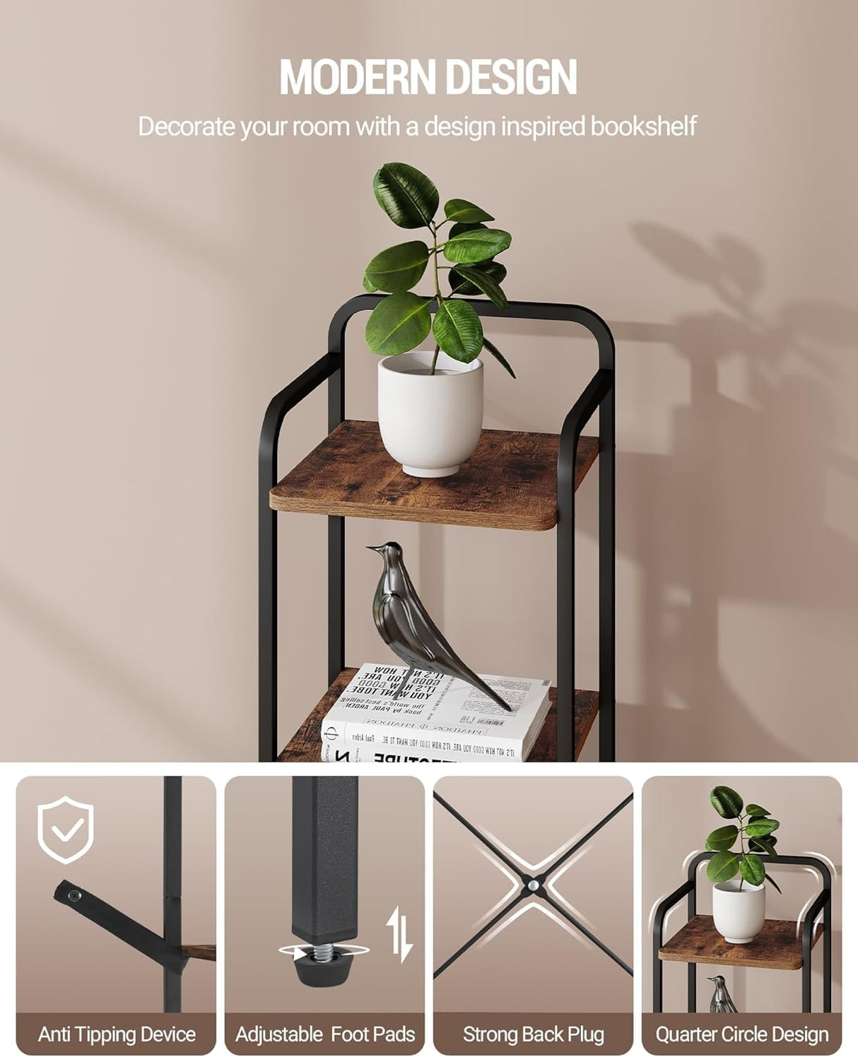 Hzuaneri Bookcase Bookshelf, Narrow Book Shelf, Industrial Corner Shelf Storage Organizer, Slim Shelving Unit for Home Office, Living Room, Bedroom, Kitchen, 7-Tier Rustic Brown and Black BC24701B Hzuaneri