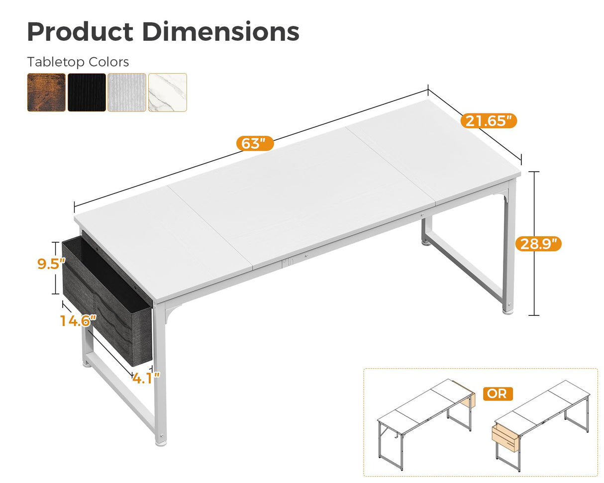 ODK Computer Desk Large Office Desk, 63 Inch Gaming Desk with Storage, Modern PC Desk Work Table with Headphone Hook for Home Office, Splice Board, White + White Leg ODK