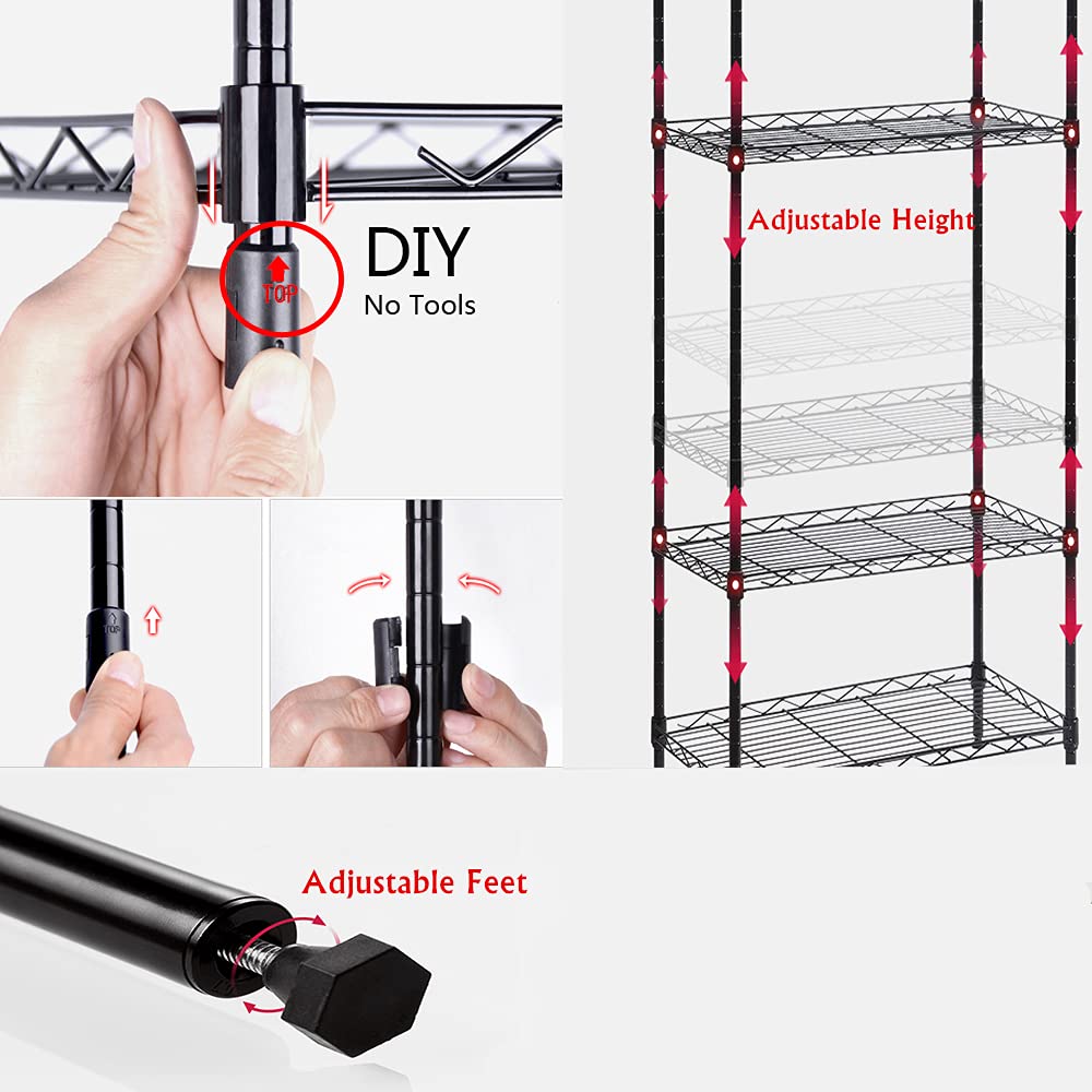 REGILLER 5-Wire Shelving Metal Storage Rack Adjustable Shelves, Standing Storage Shelf Units for Laundry Bathroom Kitchen Pantry Closet (Black, 21.2L x 11.8W x 53.5H) REGILLER