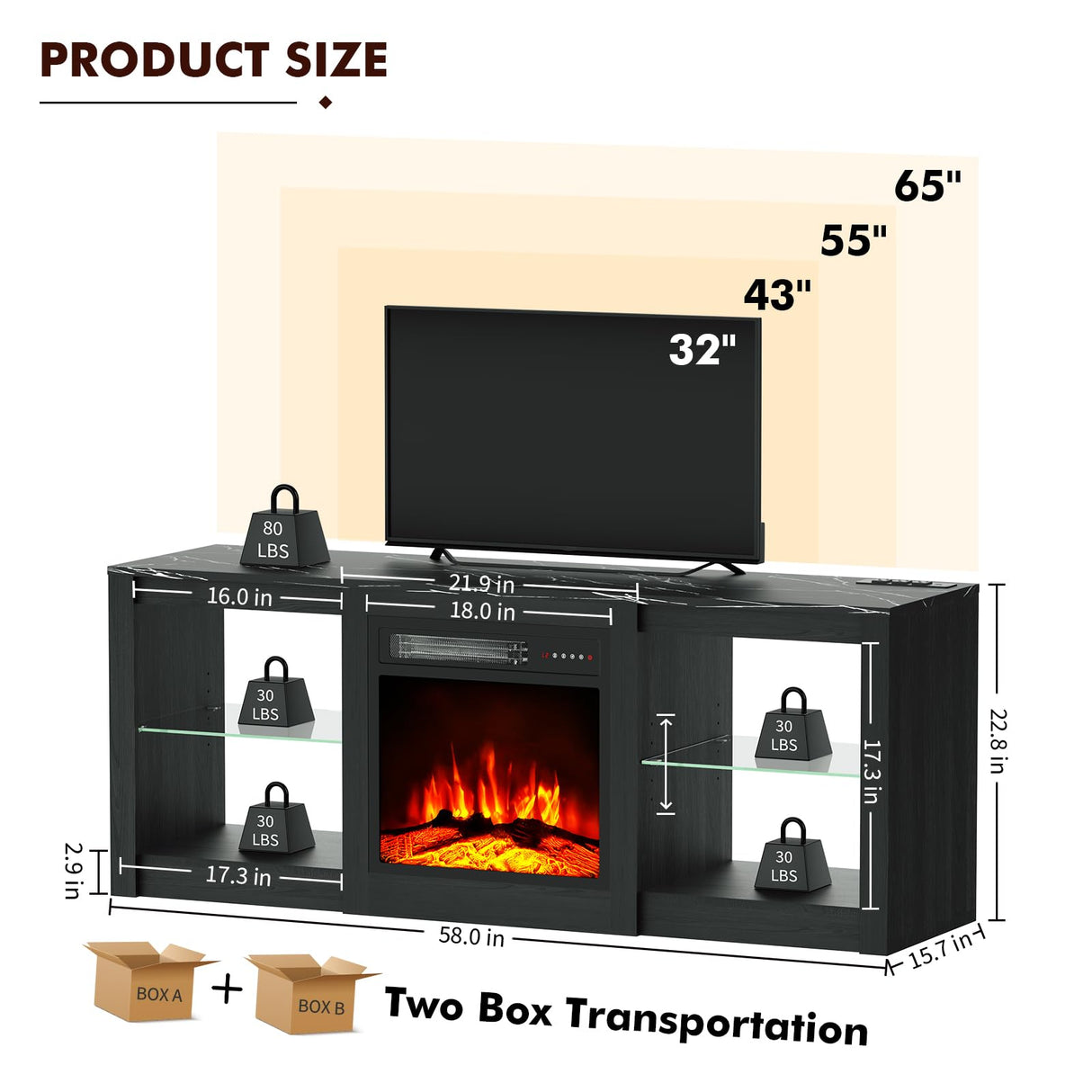 BREEZEHEAT 58inch Electric Fireplace TV Stand for 65'' TV-Entertainment Center with 18'' Fireplace and Led Light-TV Console with Glass Shelves, Power Outlets, Remote Control (Black Marble) BREEZEHEAT