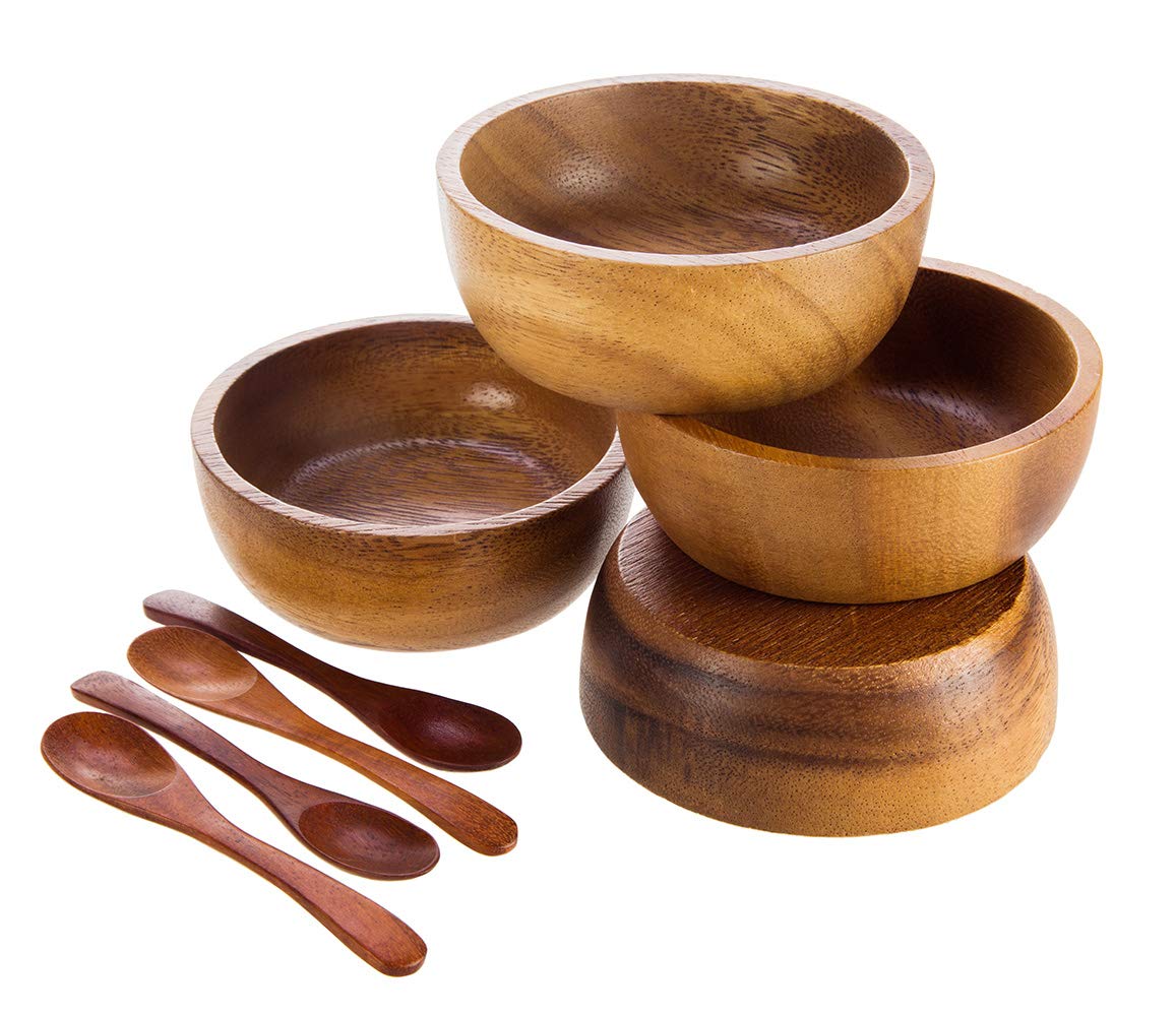 BestySuperStore Small Round Wood Bowls 4 Pcs 3¾" Diameter 1½" High Stackable Acacia Wooden Bowl Set with 4 spoons for serving salad salsa dip sauce snack cereal fruit Decor Tableware Side Dish Sets BestySuperStore