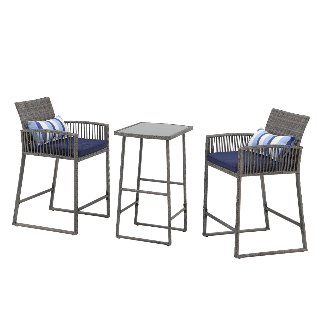 SUNSITT 3-Piece Outdoor Wicker Bar Height Table Set, 2 Bar Stools and 1 Pub Table with 2 Striped Pillows, Grey Rattan, Blue Seat Cushions, Steel Frame SUNSITT