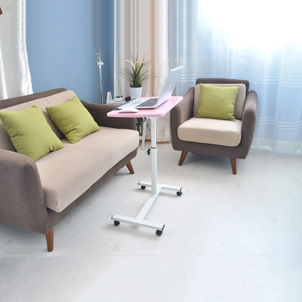 Qiveno Mobile Laptop Table, Small Standing Desk, Angle & Height Adjustable Rolling Laptop Desk Cart Over Bed Table for Home Office (Pink) Qiveno