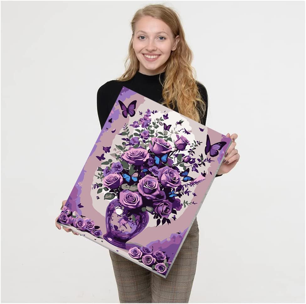 VIGEGU Rose Paint by Numbers Kit for Adults with Framed - Flower Paint by Number with Wooden Easel DIY Adult Paint by Number Kits Box Pack Acrylic Oil Painting for Wall Decor 9.5x12in VIGEGU