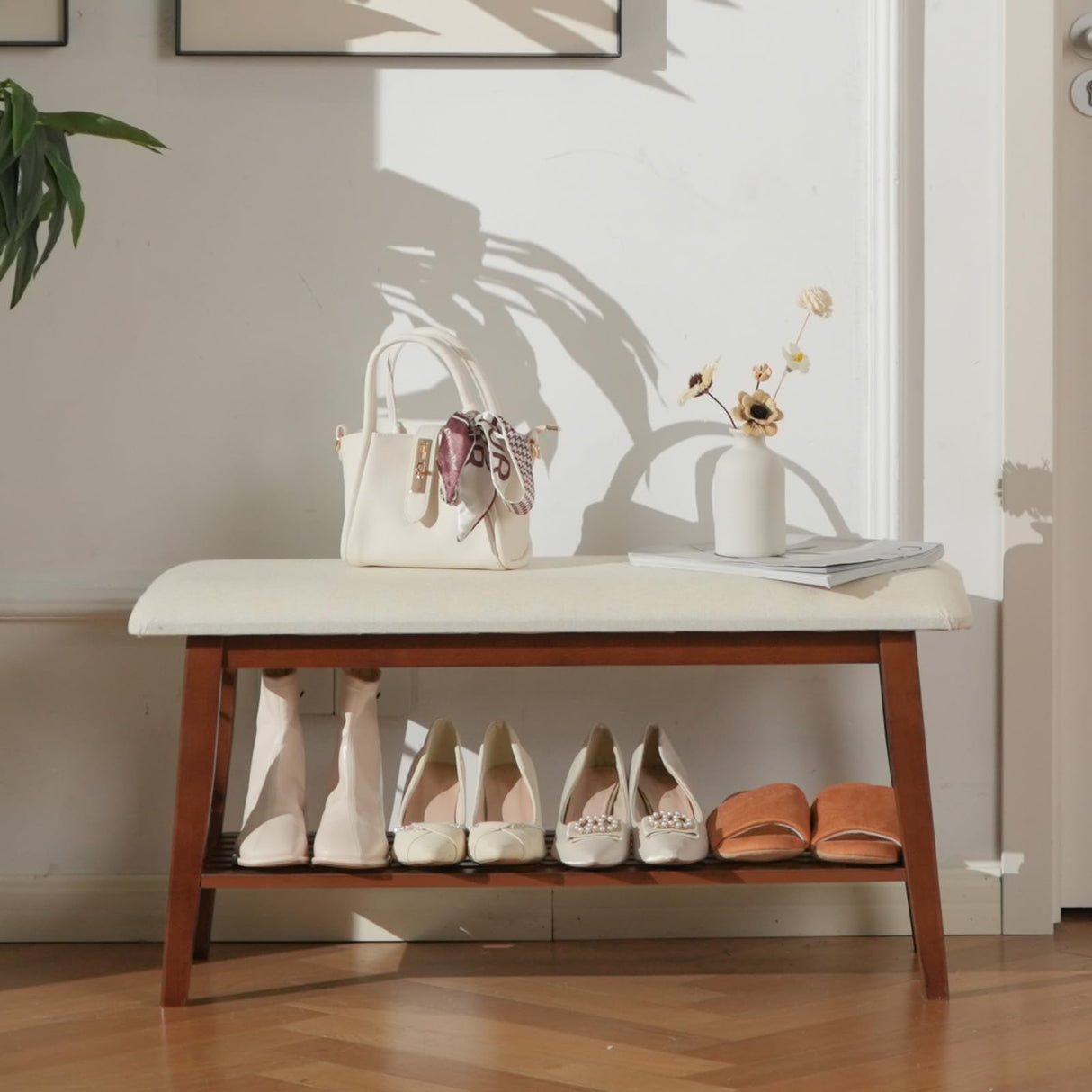 oakvivo Entryway Shoe Bench, 35.4" Bamboo Bench for Bedroom End of Bed, 2-Tier Shoe Rack with Cushion Padded Seat, Shoe Organizer Stable for Entry Hallway Living Room Bedroom, 35.4"W x11.2"D x 17.7"H oakvivo