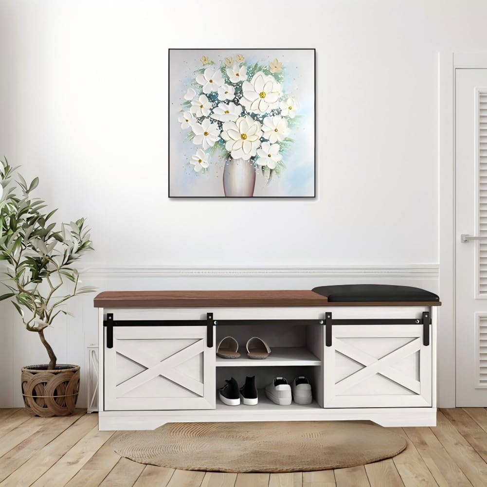 IDEALHOUSE 47'' Farmhouse Shoe Storage Bench with Padded Seat Cushion, End of Bed Entryway Bench with 2 Barn Doors, Adjustable Shelf for Entryway, Living Room, Bedroom White IDEALHOUSE