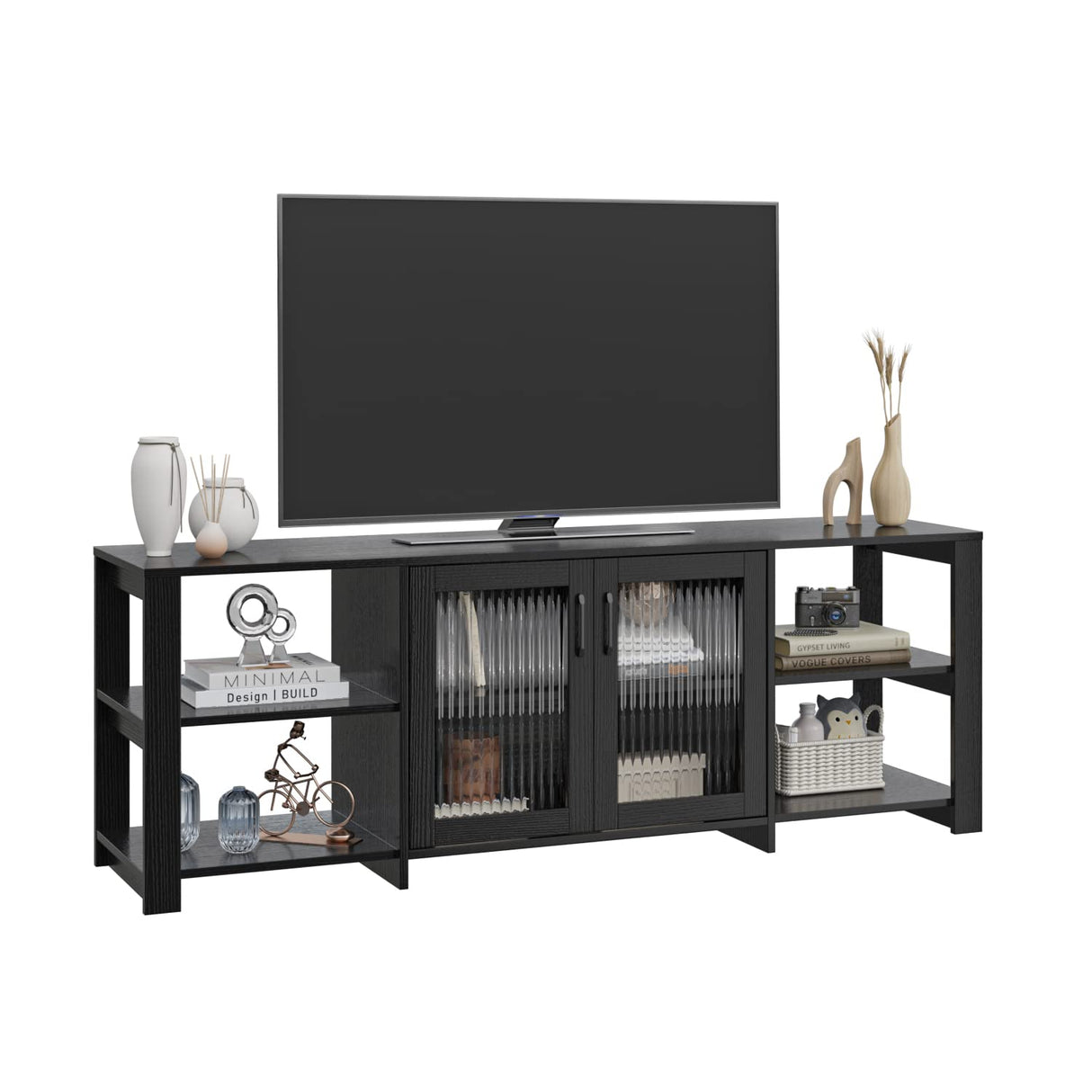 Panana TV Stand for 70 inch TV, Entertainment Center TV Console Table TV Storage Cabinets Media Console with 2 Doors and Open Shelves, 4 Cubby for Living Room Bedroom, Black Panana