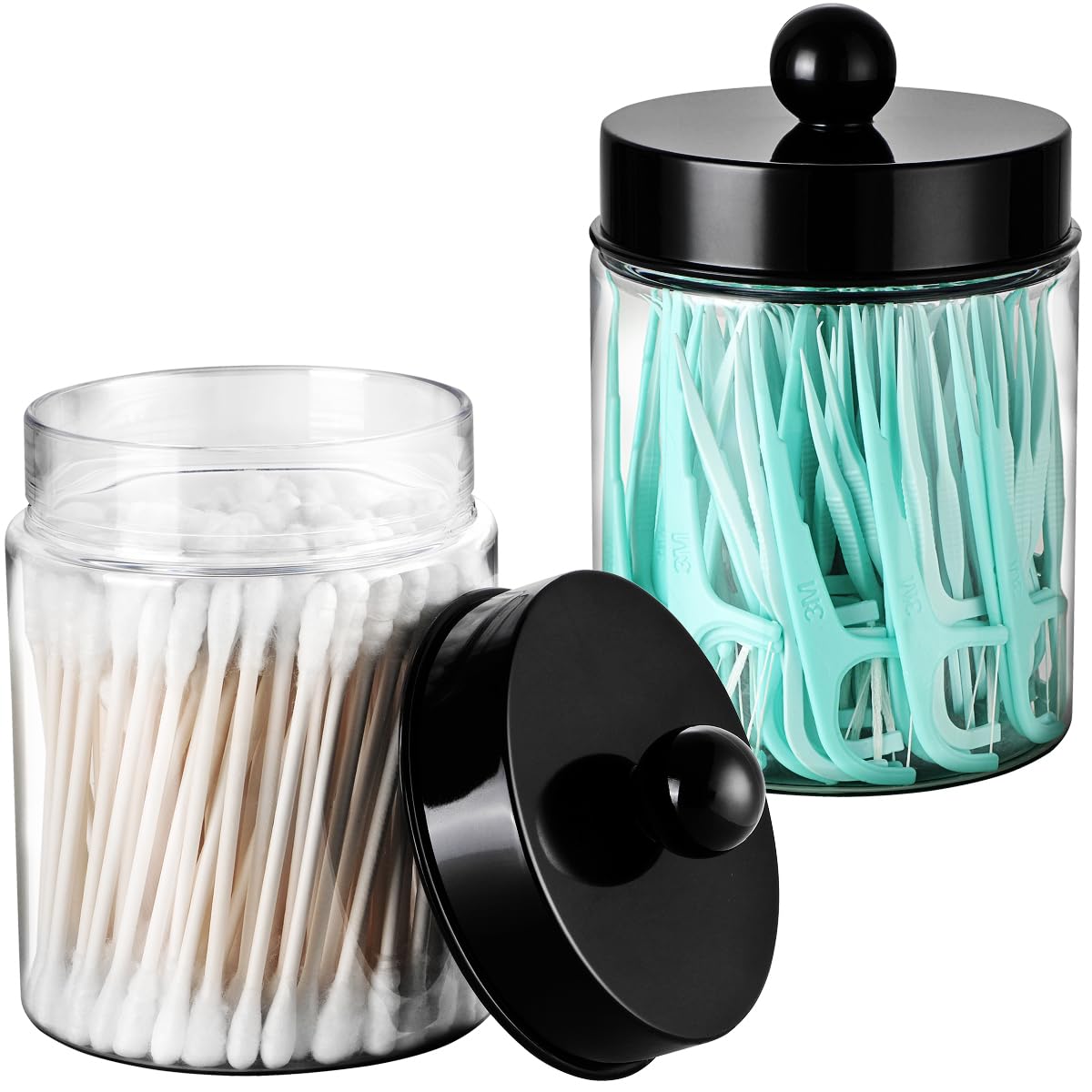 Komashr 3PC Farmhouse Decor Qtip Holder Apothecary Jars Bathroom Vanity Storage Organizer -Countertop Canister Container &Cute Stickers for Cotton Swab, Ball,Pad,Floss ,Paper Clips (Black,Plastic) Komashr