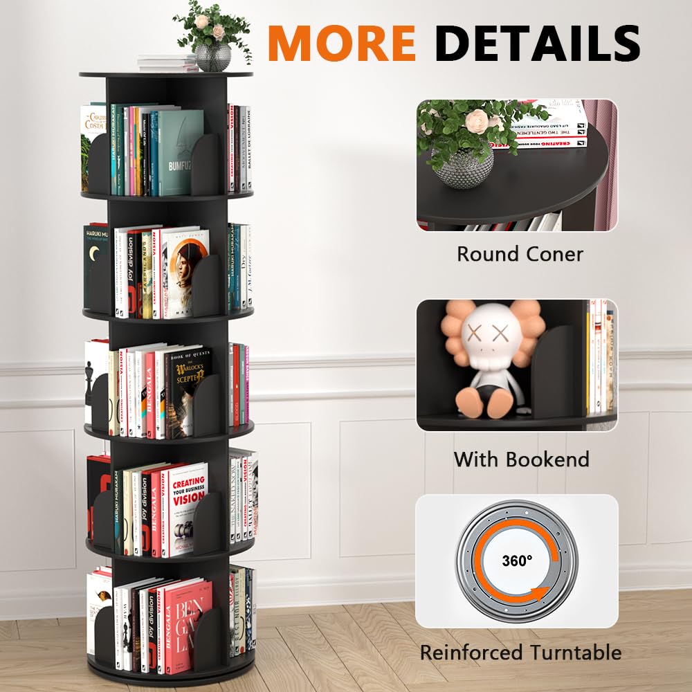 Nidouillet Rotating Bookshelf Tower, 5 Tier Spinning Bookcase Lazy Susan, Revolving 360 Book Shelf Storage Round Organizer, Vertical Rotate Turning Corner Book Case for Small Space, Black Nidouillet