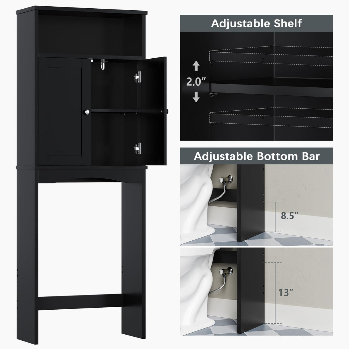 Baztin Over The Toilet Storage Cabinet, Over The Toilet Cabinet for Bathroom with Inner Adjustable Shelf and Top Open Storage Above Toilet Cabinet Behind The Toilet Bathroom Organizer, Black Baztin