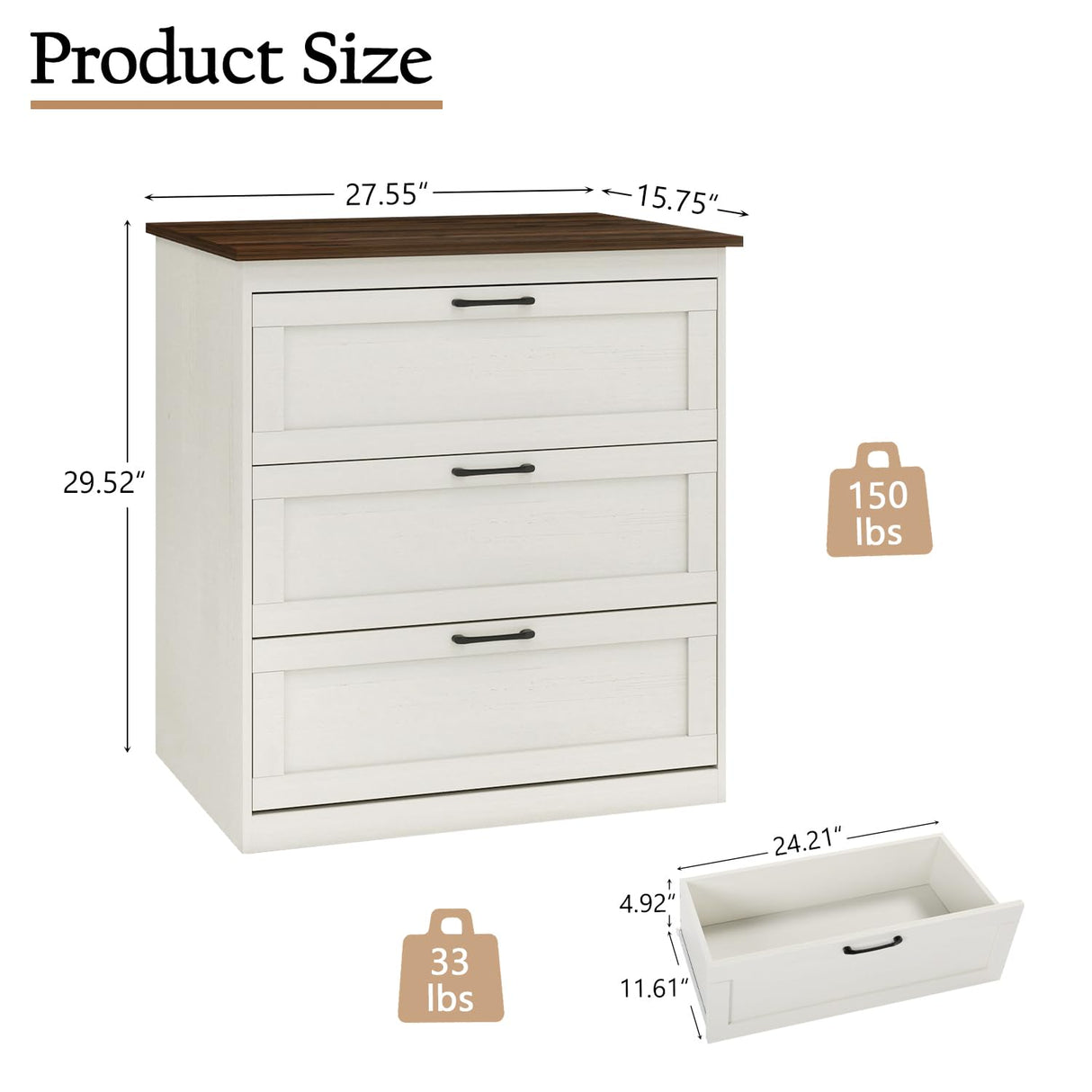 Vikiullf Small Dressers, Wooden 3 Drawer Dresser for Bedroom, Farmhouse Chest of Drawers, Storage Drawers for Bedroom, Living Room, Hallway, EntrywayRust Oak White Vikiullf