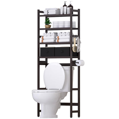 Cozivolife Over The Toilet Storage with 2 Baskets, 4-Tier Bamboo Organizer Rack with Paper Holder & 4 Hooks & Waterproof Feet Pad,Freestanding Shelf for Bathroom(Brown)