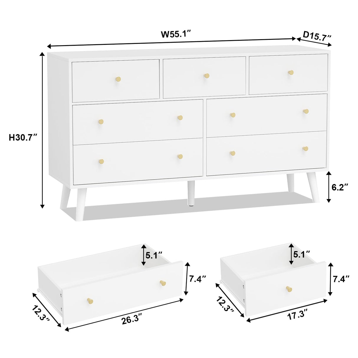 HOUROM White Dresser for Bedroom, Dresser with 7 Drawers, Wood Dressers & Chests of Drawers, Modern Double Dresser with Wide Drawer and Metal Handles HOUROM