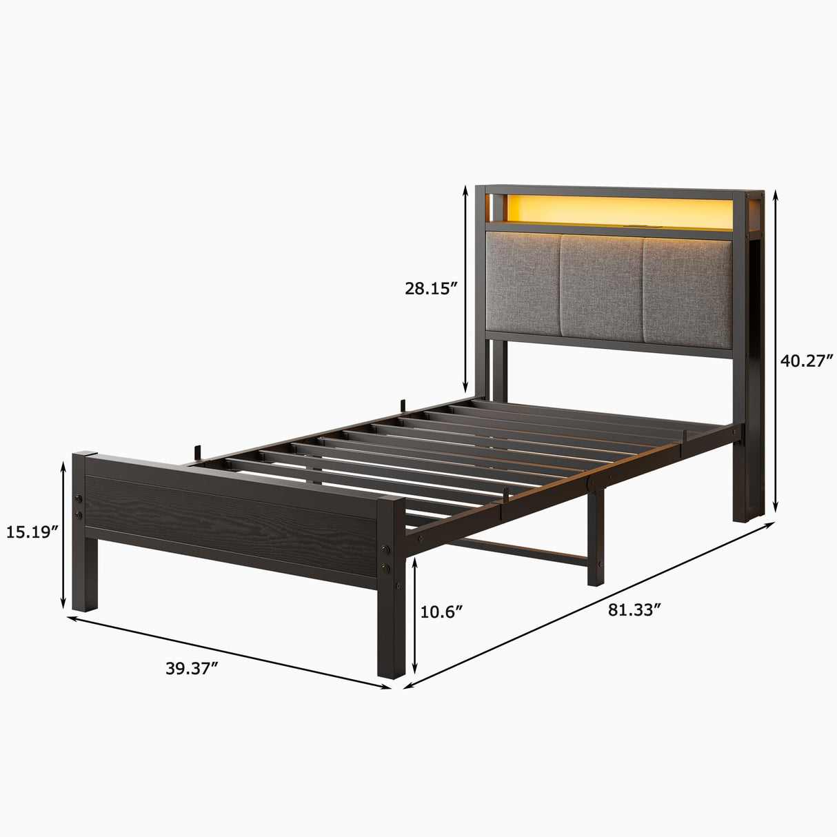 FOUBAM Twin Size Bed Frame with LED Lights and Charging Station, Bed with Storage Headboard,Heavy Duty Metal Slats Support,Mattress Foundation Easy Assembly(Black) FOUBAM