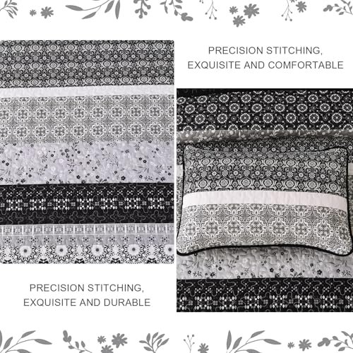 WONGS BEDDING Boho Quilt Set King, Bohemian Black Striped Patchwork Bedspread Coverlet Set with 2 Pillowcases,Lightweight Microfiber Floral Bedding Set 104"×90" WONGS BEDDING