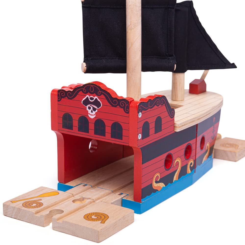 Bigjigs Rail Wooden Pirate Ship Galleon - Pirate Accessories for Wooden Train Sets, Bigjigs Train Accessories, Pirate Ship Toys for Kids, Wooden Toys for 3 4 5 Year Olds Bigjigs Rail