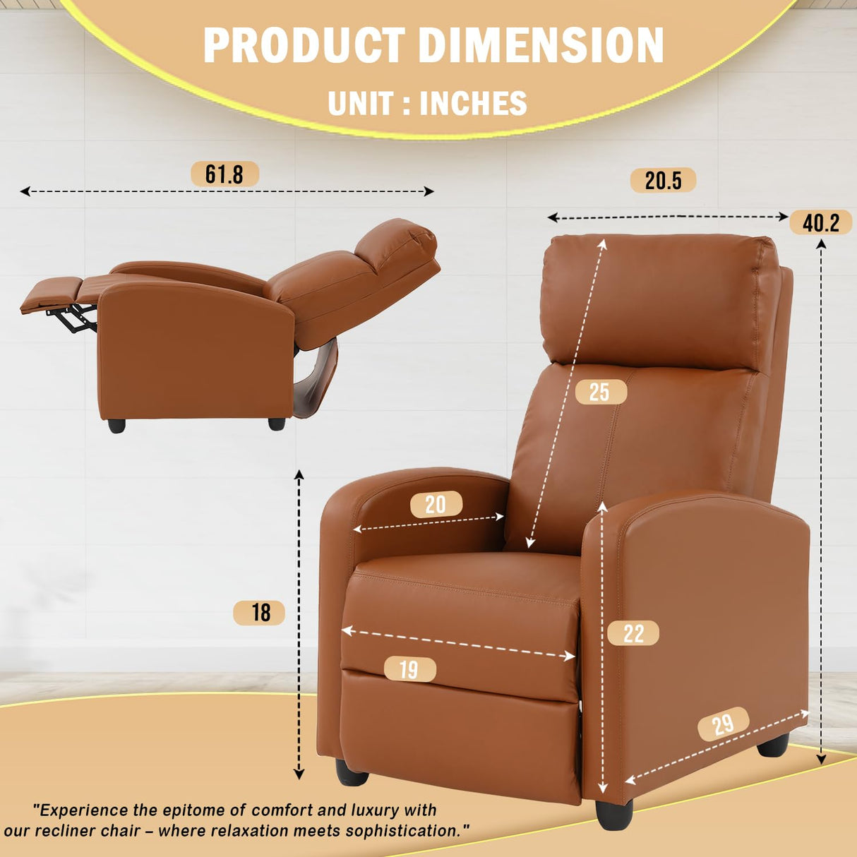 PayLessHere Recliner Chair Single Reclining Sofa Home Theater Seating with Lumbar Support and PU Leather Padded Backrest for Living Room and Bedroom (Tan) PayLessHere