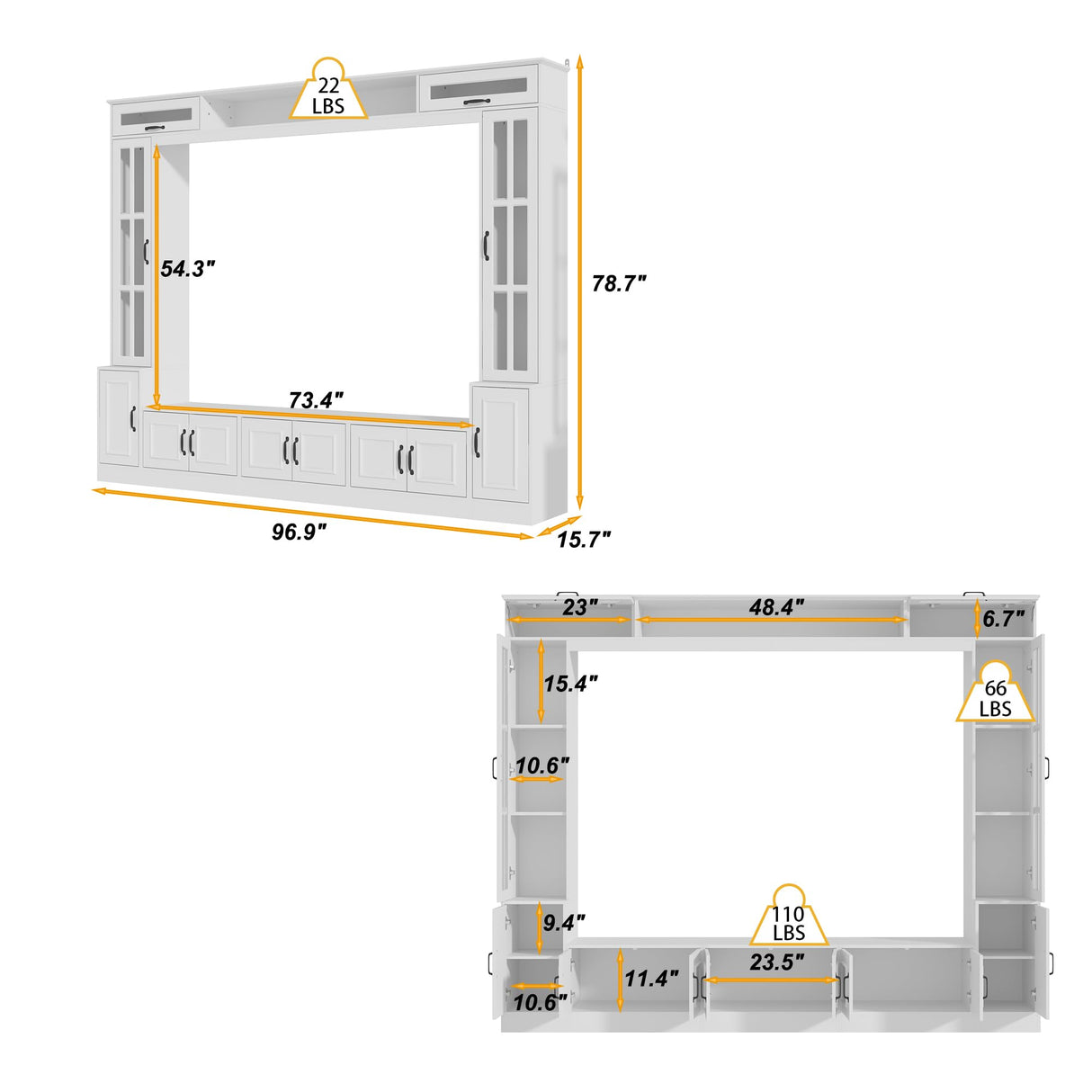 ECACAD Wall Unit Media Console Entertainment Center with 12 Doors, Large TV Stand Set with Tempered Glass Doors and Adjustable Shelves for Living Room, White (96.9”W x 15.7”D x 78.7H) ECACAD