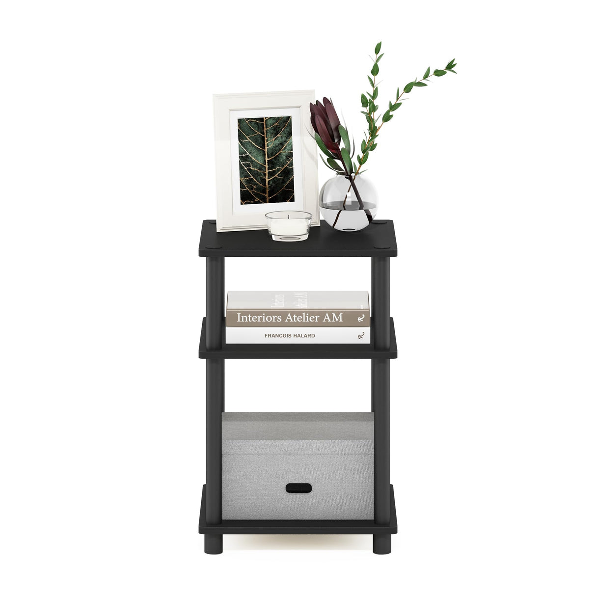 Furinno Just 3-Tier Turn-N-Tube End Table / Side Table / Night Stand / Bedside Table with Plastic Poles, 1-Pack, Americano/Black Furinno