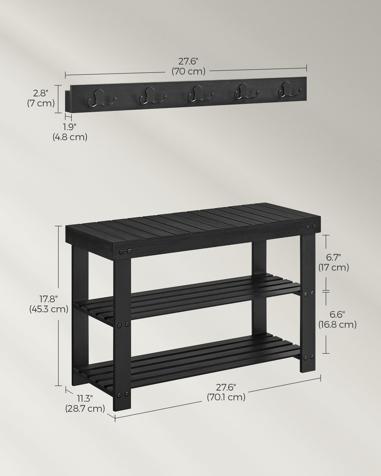SONGMICS Coat Rack Shoe Bench Set, 3-Tier Bamboo Shoe Rack Bench, Multifunctional, 5 Double Metal Hooks, for Entryway, Hallway, Bedroom, Ink Black ULCR004B01V1 SONGMICS