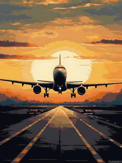 PUAGEMTI Airplane Taking A Runway Diamond Painting Kits 5D Diamond Painting for Adults, Full Round Gemstone Diamond Art Cross Stitch Kit, Gifts Paint by Diamonds 12x16 inch