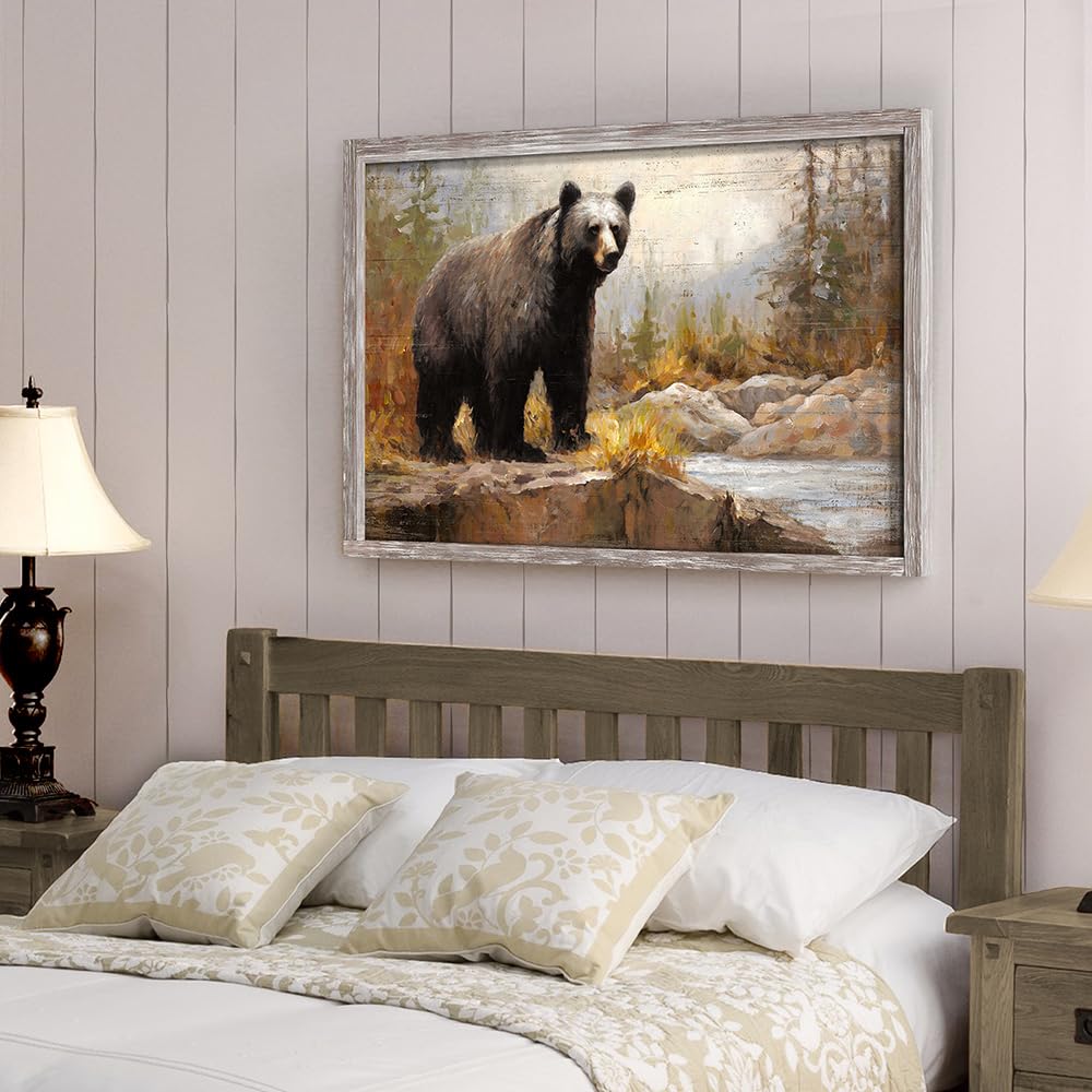 Framed Bear Picture Wall Art: Large Wild Animal Prints Woodland Wildlife Artwork Rustic Farmhouse Wood Painting for Living Room Bedroom old barn