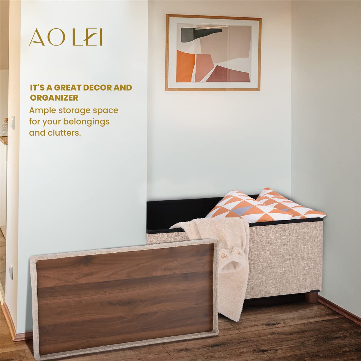 Ao Lei 30 Inches Storage Ottoman Bench, Storage Bench with Wooden Legs for Living Room Ottoman Foot Rest Removeable Lid for Bedroom End of Bed, Linen Fabric, Folding Beige Ottoman Ao Lei