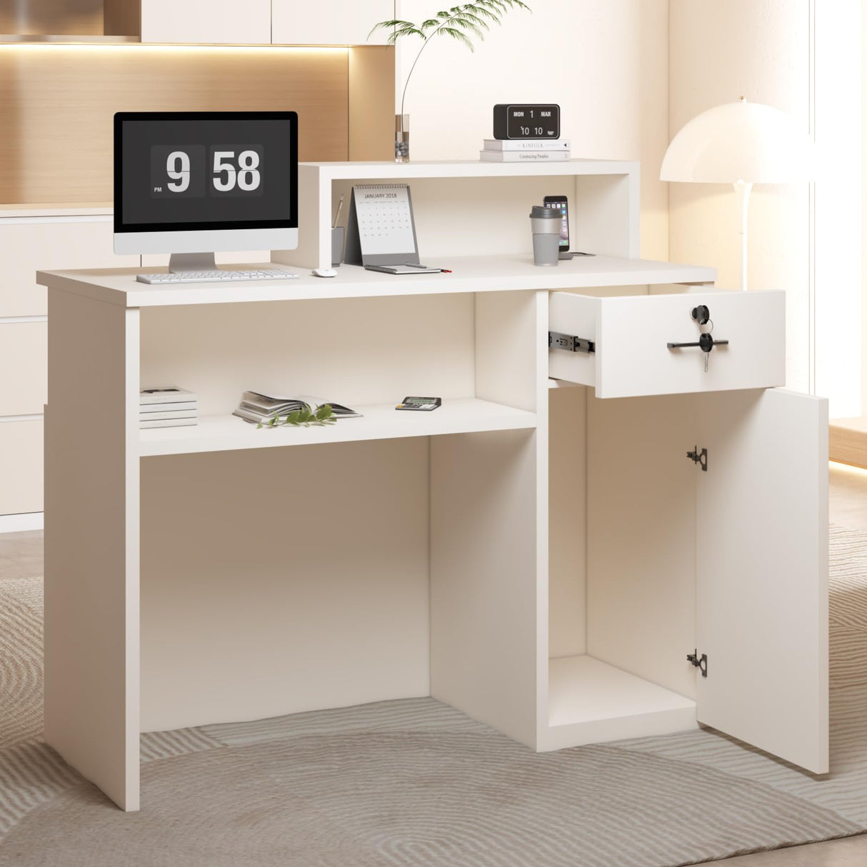 YTElantivo Reception Desk with LED Light and Locking Drawer – 47.2" Small Front Desk for Salon, Office, Retail, Lobby or Checkout Counter Use YTElantivo