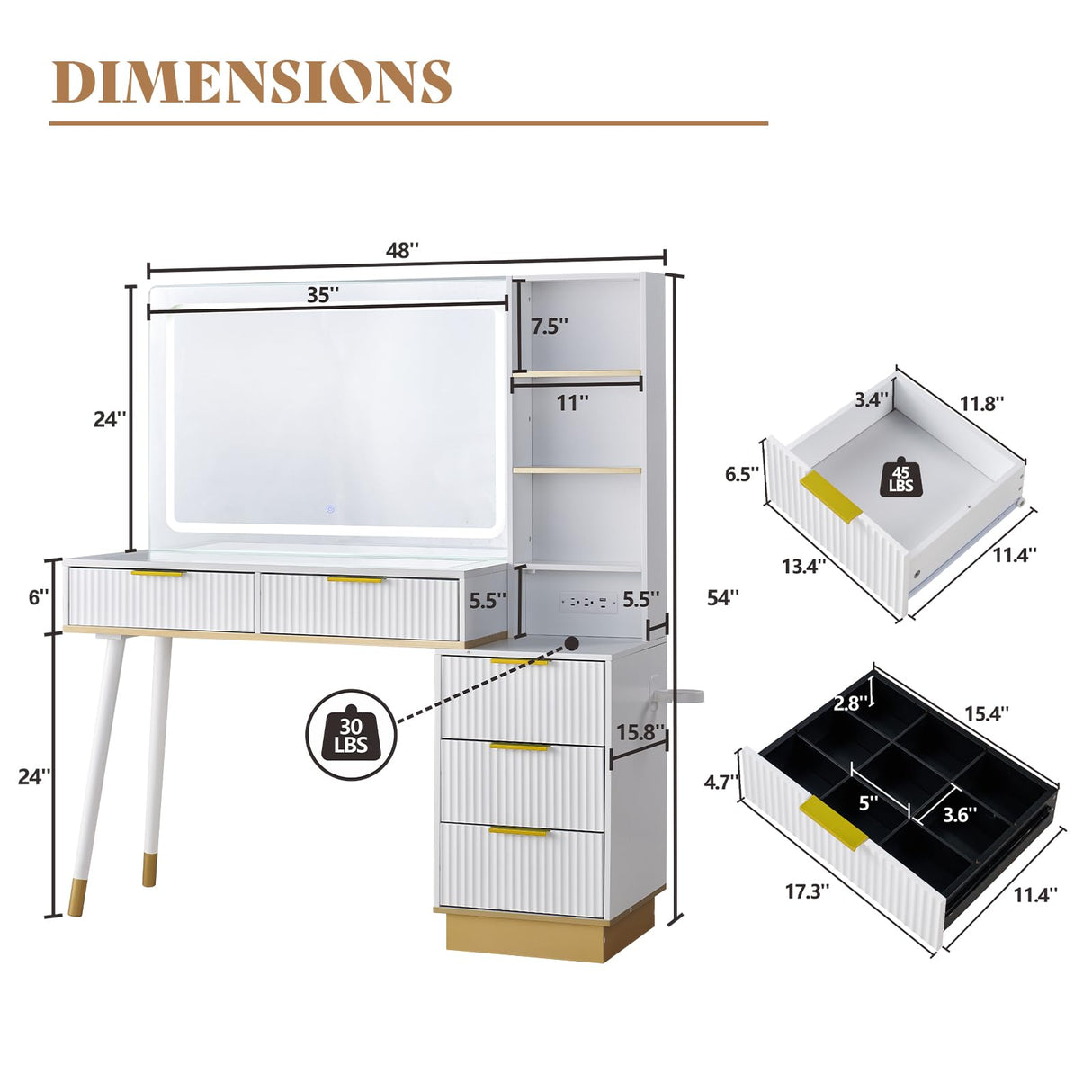 AMERLIFE 48" Vanity Desk with 35" Large Lighted Mirror, Big Modern Makeup Vanity Table with 5 Drawers & Shelves, Dressing Table with Charging Station/Glass Desktop/White AMERLIFE
