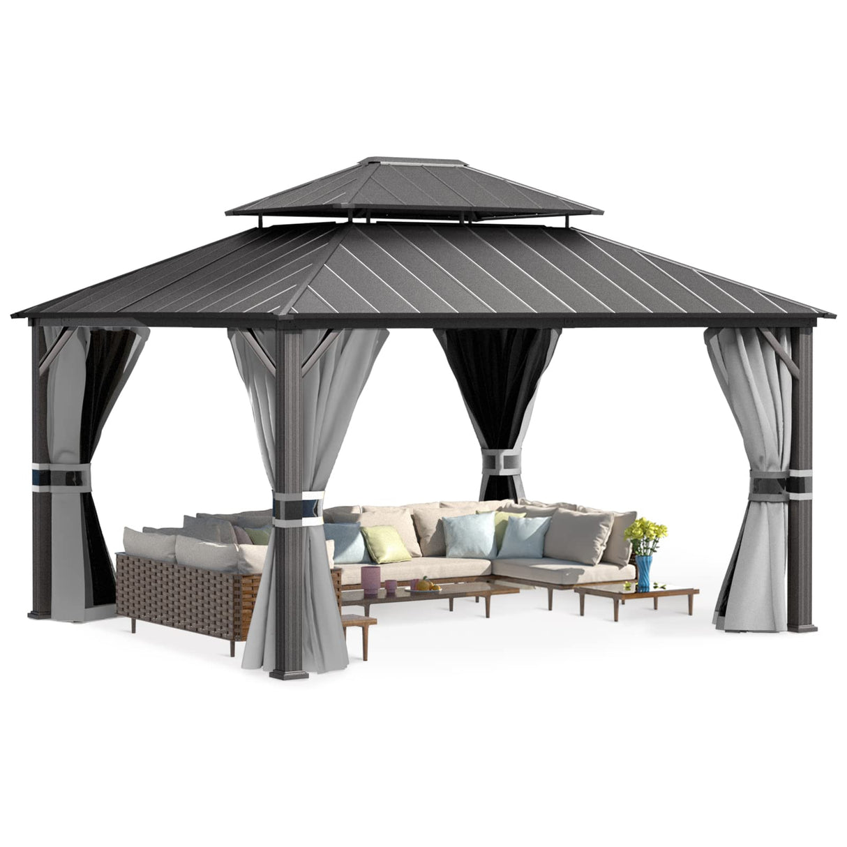 UDPATIO 12' x 14' Hardtop Gazebo, Galvanized Steel Double Roof Permanent Aluminum Gazebo, Outdoor Metal Pergolas with Mosquito Netting and Curtains for Garden, Parties, Patio, Deck, Lawns, Grey UDPATIO