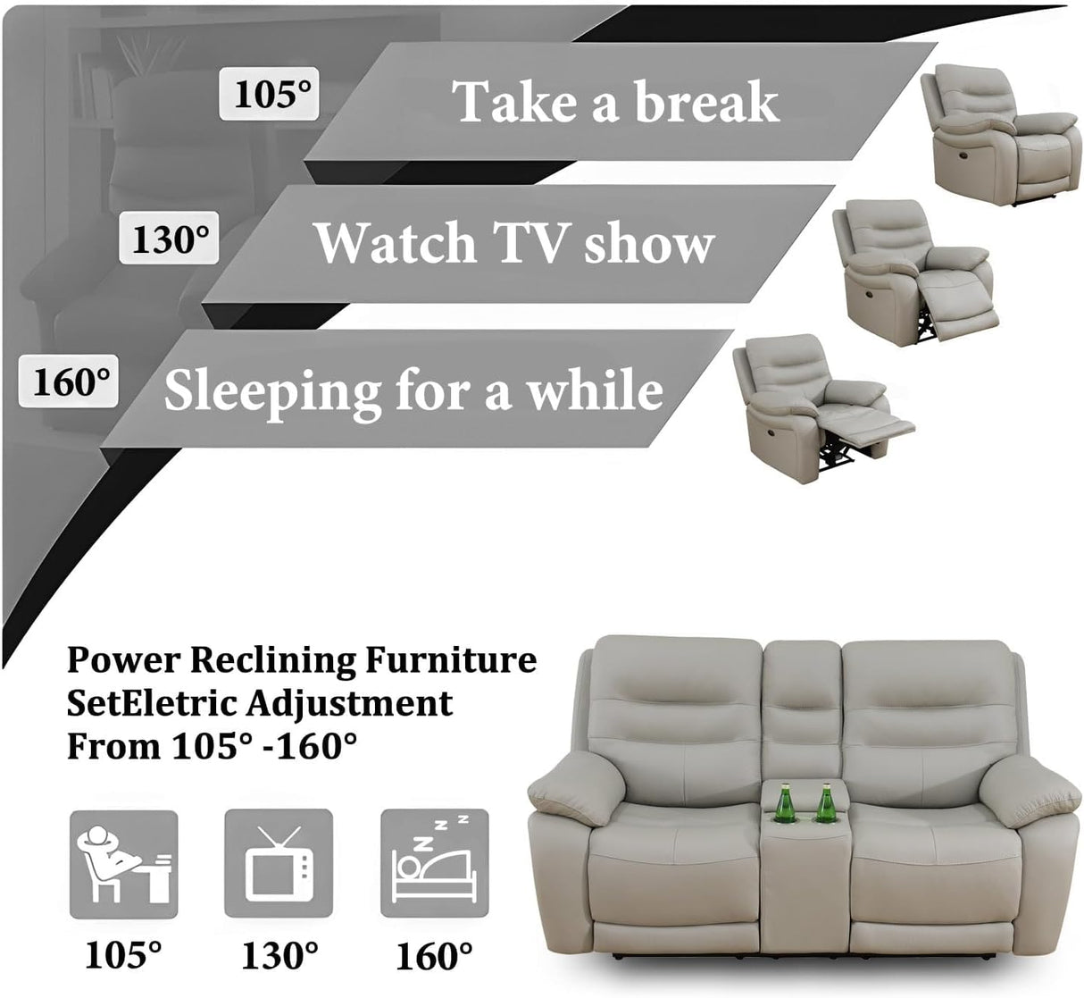 Genuine Leather Recliner Couch Set, Power Reclining Sofa Set 3 Pieces Top Grain Leather Sofa with Built in USB Port for Living Room(Light Grey) (Sofa+Loveseat+Chair) Pon Living Furniture Inc