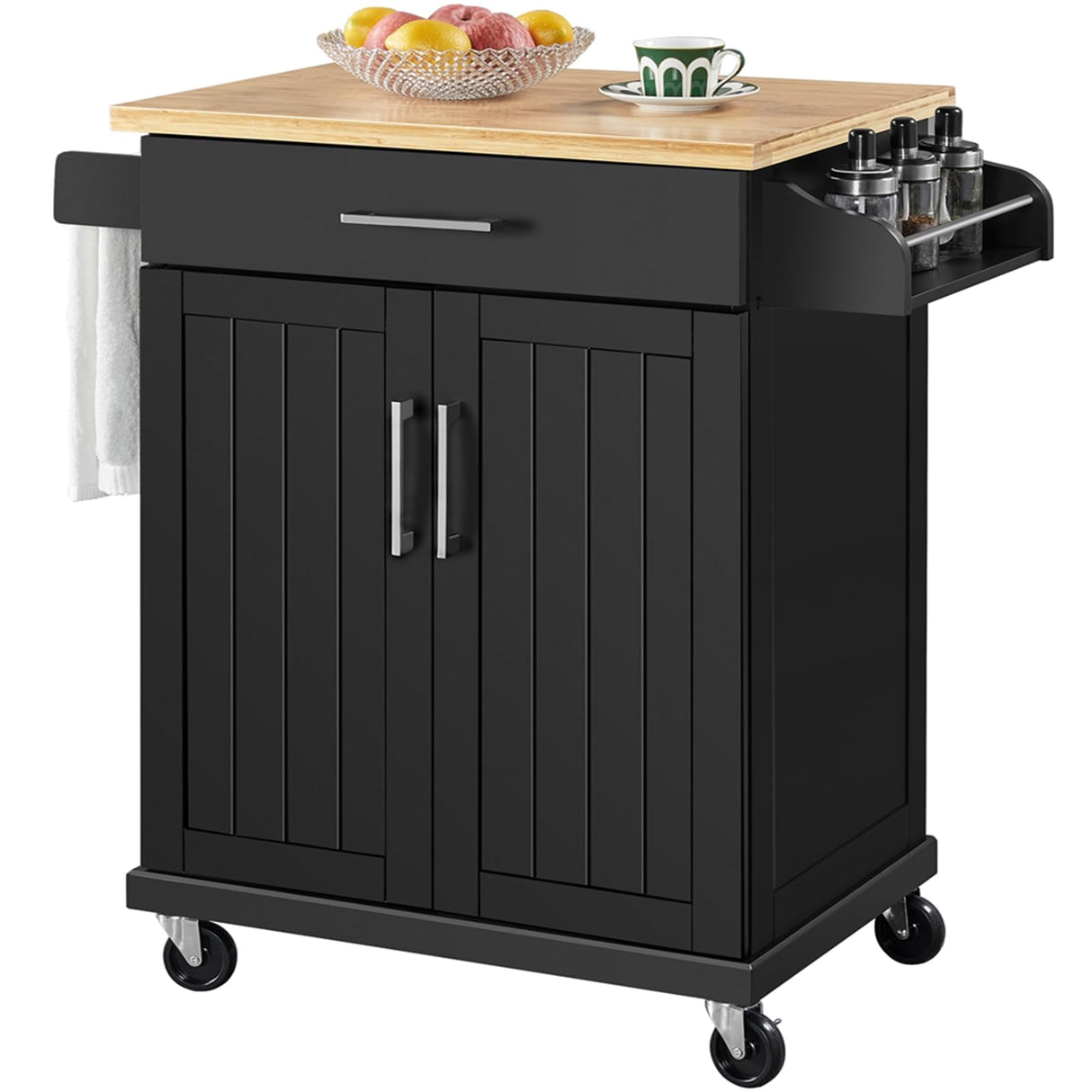 Yaheetech Kitchen Island on Wheels with Storage Cabinet, Rolling Kitchen Cart with Bamboo Top & Drawer & Spice Rack Towel Bar, Microwave Stand Cart for Kitchen/Dining Room, Black Yaheetech
